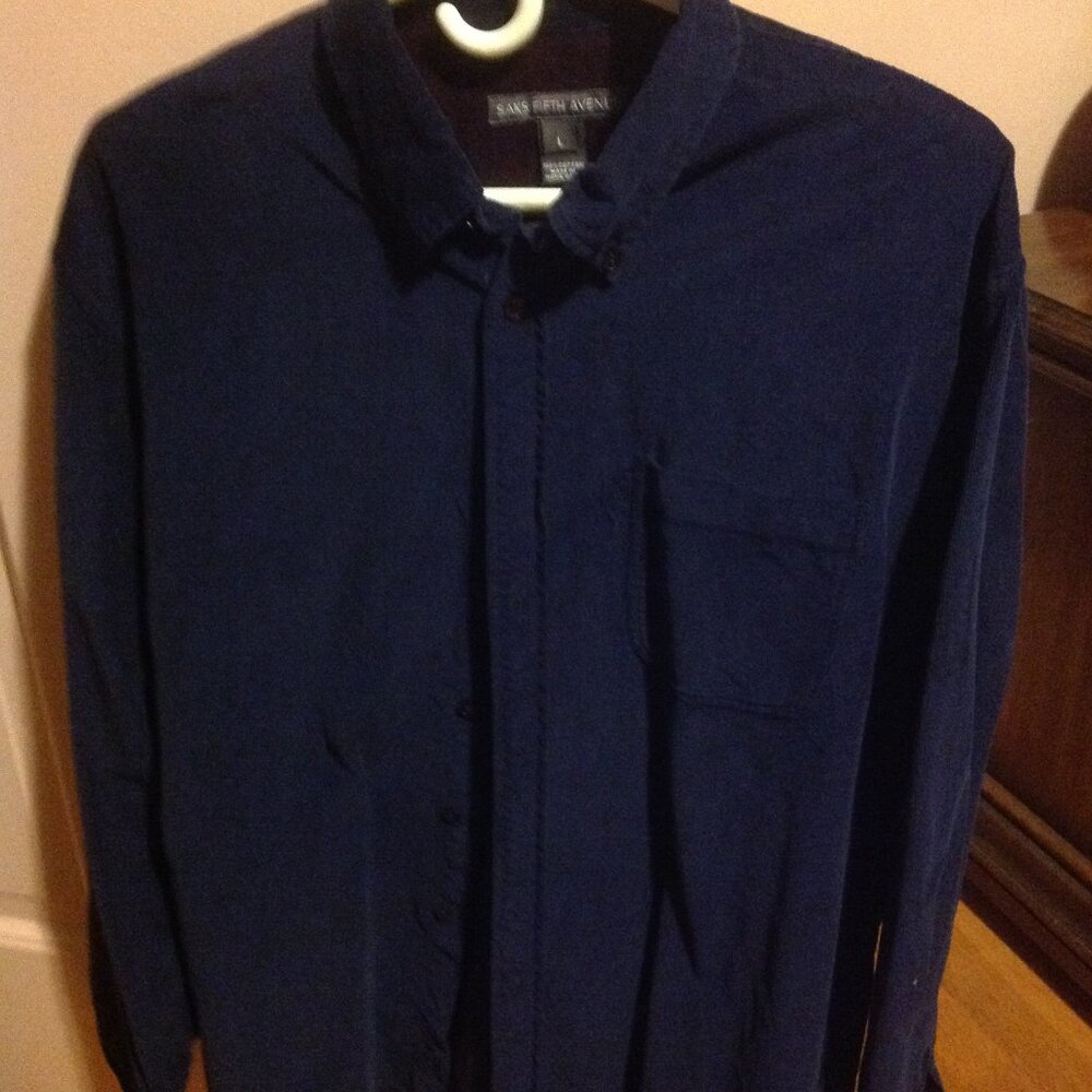 Saks Fifth Avenue Men's Large Navy Corduroy Long Sleeve Shirt - Good Condition
